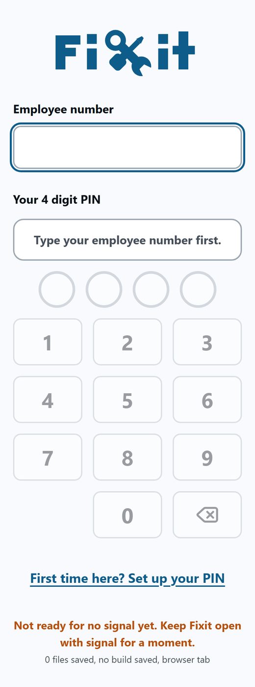 The sign in screen: employee number, a number pad, and the link First time here? Set up your PIN