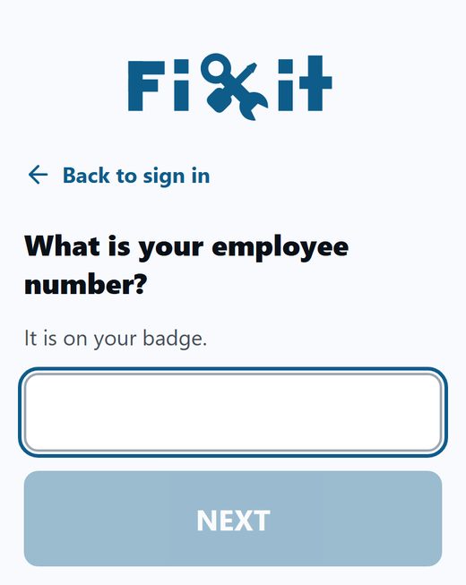 Set up screen asking What is your employee number? with a NEXT button
