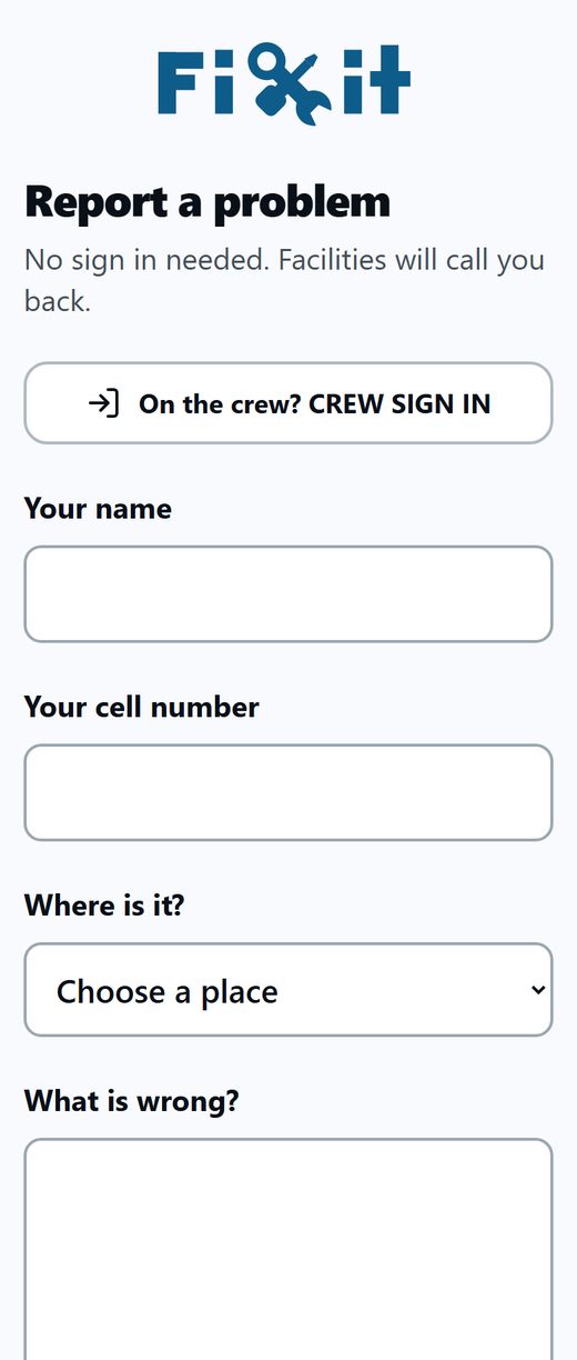 The Report a problem form: your name, cell number, Where is it?, What is wrong?