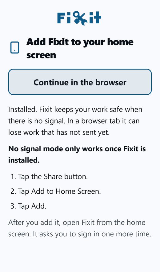 Screen titled Add Fixit to your home screen, with the three iPhone steps