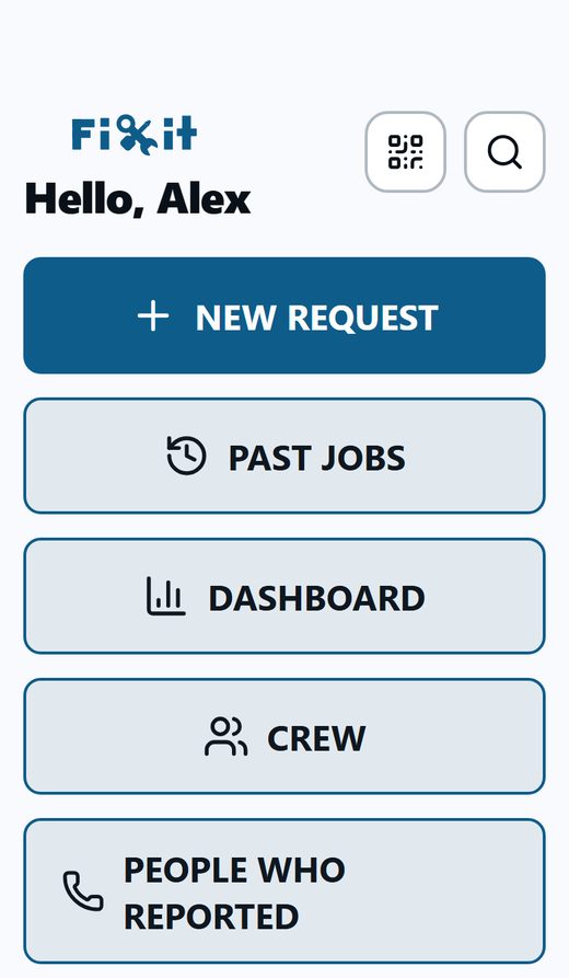 Manager home screen: NEW REQUEST, PAST JOBS, DASHBOARD, CREW, PEOPLE WHO REPORTED
