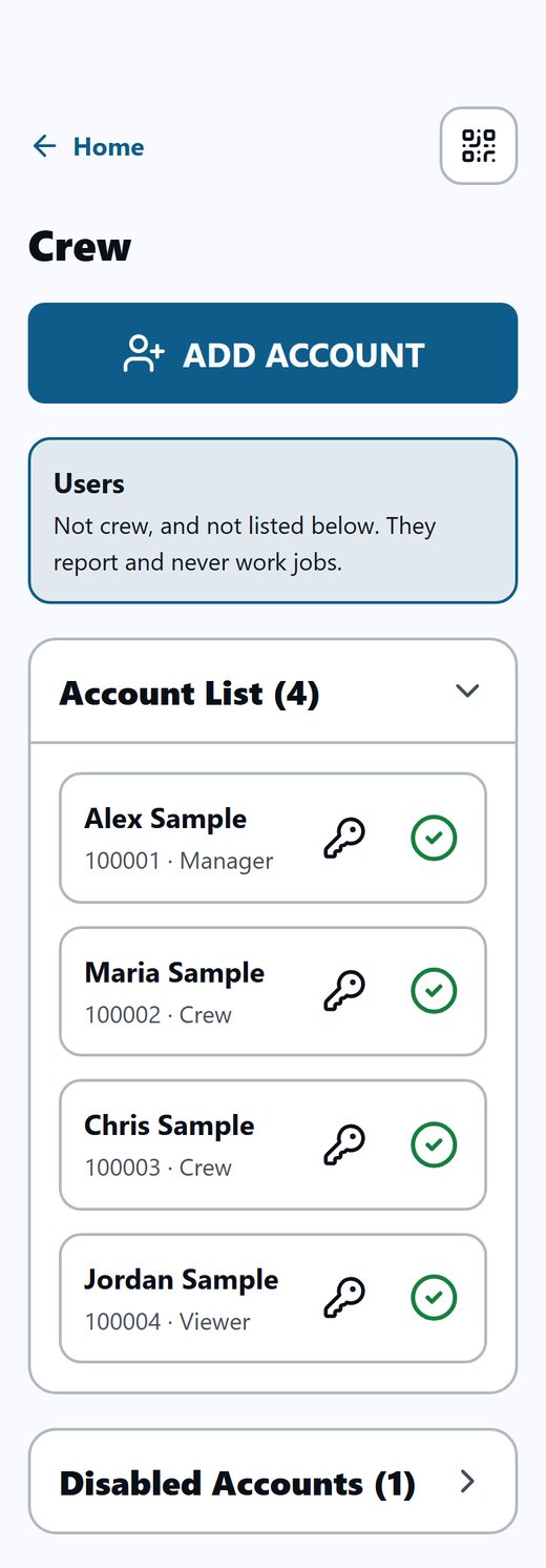 The Account List open, four example people each with a key icon and a green check