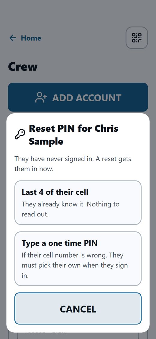 Reset PIN for Chris Sample: Last 4 of their cell, or Type a one time PIN