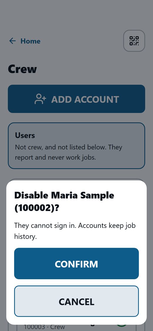 Disable Maria Sample (100002)? They cannot sign in. Accounts keep job history. CONFIRM or CANCEL