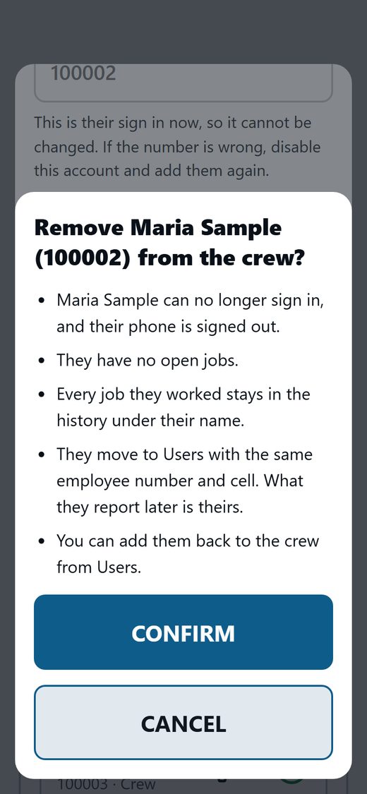Remove Maria Sample (100002) from the crew? with what will happen, CONFIRM and CANCEL