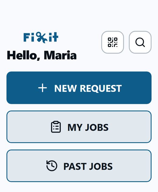 Crew home screen: Hello, Maria, with NEW REQUEST, MY JOBS and PAST JOBS buttons