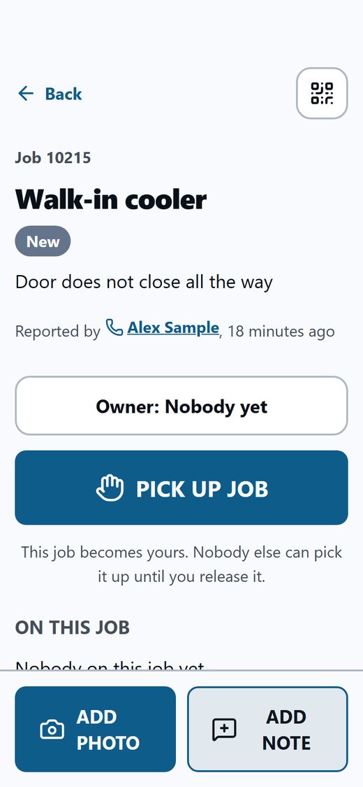 A new job, Walk-in cooler, Owner: Nobody yet, with a PICK UP JOB button