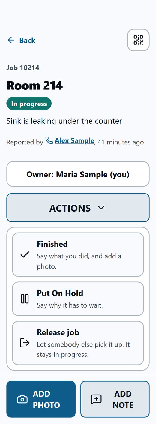 A job in progress with ACTIONS open: Finished, Put On Hold, Release job